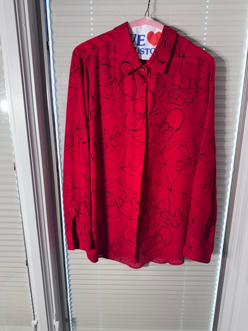 Red Long-Sleeve Button-Up Blouse with Black Line Floral Print